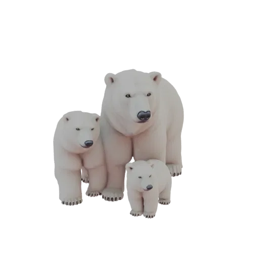 3D модель семьи белых медведей, с крупной взрослой медведицей, защищающей двух меньших детенышей, все выполнено в белом матов