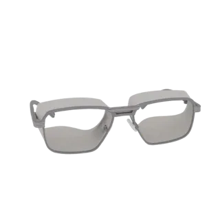 3D модель современных прямоугольных защитных очков с серебристой оправой и светло-серыми линзами, с боковыми щитками.