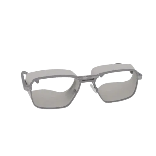 3D модель современных прямоугольных защитных очков с серебристой оправой и светло-серыми линзами, с боковыми щитками.
