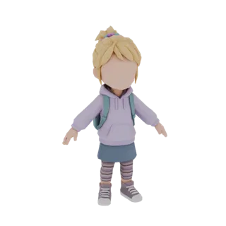 3D модель девочки со светлыми волосами, в фиолетовой толстовке, синей юбке, полосатых колготках и рюкзаке, стоящая с раскинут