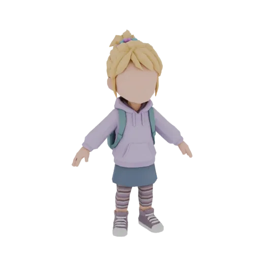 3D модель девочки со светлыми волосами, в фиолетовой толстовке, синей юбке, полосатых колготках и рюкзаке, стоящая с раскинут