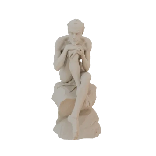 3D модель скульптуры 'Мыслитель', мужчина сидит на камне, глубоко задумавшись, подбородок на руке.
