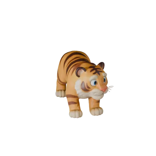 Мультяшная 3D-модель бенгальского тигра, рендер дикой природы сбоку, стилизованный ассет животного с сужением челюсти, лопатк