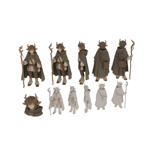 3D модель молодого лесного хранителя с рогами, зеленым плащом и деревянным посохом, показанная под разными углами.