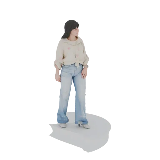 3D модель женщины в широких джинсах и рубашке на пуговицах с завязками, стоящей на белой подставке.
