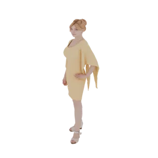3D модель элегантной женщины в желтом платье с летящими рукавами, стоящей с рукой на бедре.