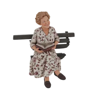 3D model of an elderly woman with curly hair, wearing a floral dress, sitting on a wooden bench and reading a book.