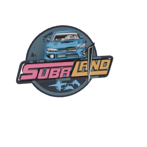 3D модель синего значка Subaru WRX STI с миниатюрным синим автомобилем Subaru WRX STI, интегрированным в дизайн, и текстом 'S