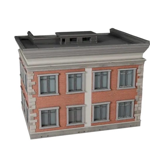 Низкополигональная 3D модель модульной фасадной панели, готовая для игры, вид снаружи, показывающий материалы модульного комп