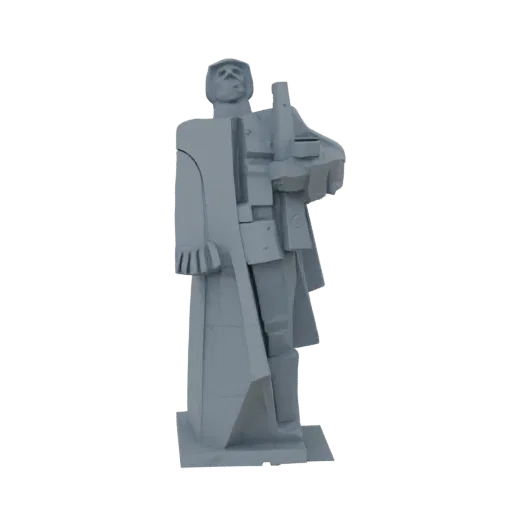 3D модель стилизованной статуи советского солдата, стоящего по стойке смирно с винтовкой, в сером цвете.