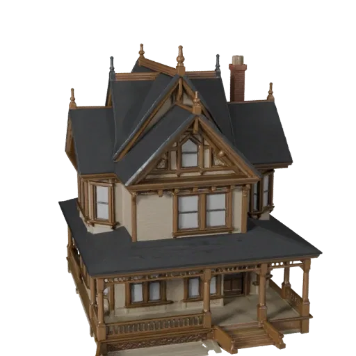Низкополигональная 3D модель викторианского дома, готовый игровой экстерьер, показывающий материалы жилого здания и архитекту