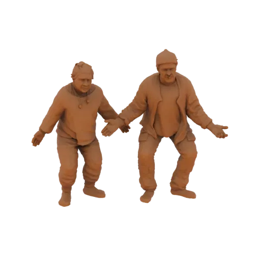 3D модель двух мужчин в зимней одежде, один слева в куртке с капюшоном и шапке, другой справа в куртке и кепке, оба с вытянут