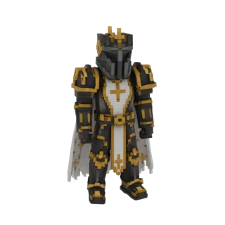 3D model of a pixelated Knight King wearing ornate gold armor and a white cape with gold cross patterns, standing against a w