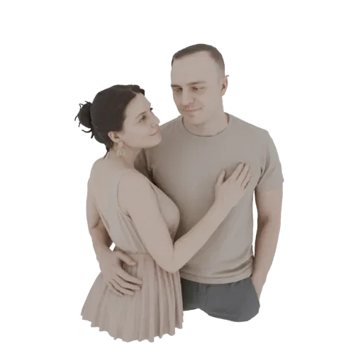 3D модель мужчины и женщины в романтических объятиях, смотрящих друг другу в глаза.