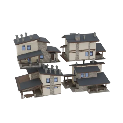 Комплект из четырех детализированных 3D-моделей альпийских шале с каменными фасадами и темными крышами, представленный на бел