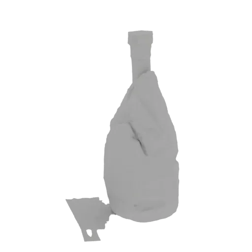 3D модель стеклянной бутылки, которая была смята, с обрывками этикетки, все еще прикрепленными к стеклу.