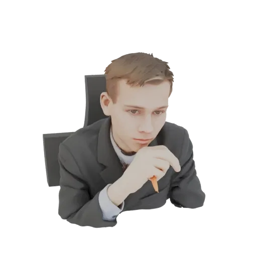 3D модель молодого человека в темном костюме, задумчиво смотрящего вниз с ручкой у подбородка, на белом фоне.