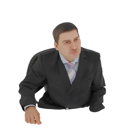 3D модель мужчины в темном костюме и узорчатом галстуке, смотрящего в сторону.