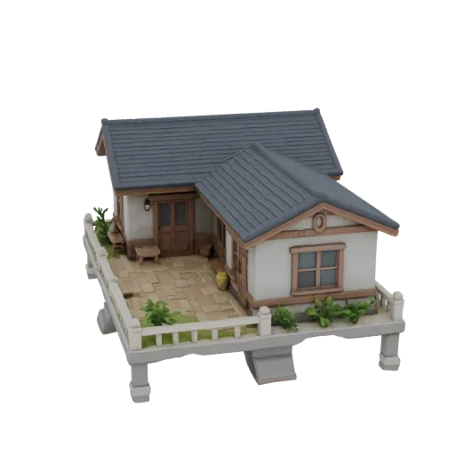 3D модель миниатюрного дома с террасой, каменной плиткой и зеленью