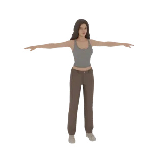 3D-модель женщины в серой майке и коричневых джинсах, стоящей в T-позе с раскинутыми руками.