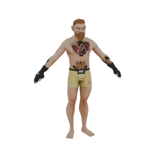 3D-модель бойца ММА с татуировками и шортами UFC, стоящего в нейтральной позе.