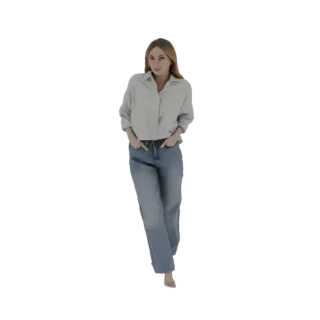 3D модель женщины со светлыми волосами в голубой рубашке и джинсах, стоящей с руками в карманах.