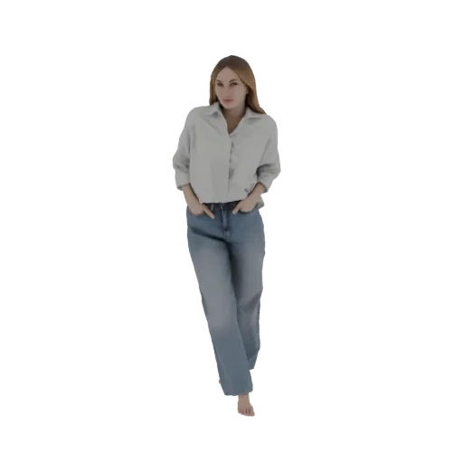 3D модель женщины со светлыми волосами в голубой рубашке и джинсах, стоящей с руками в карманах.