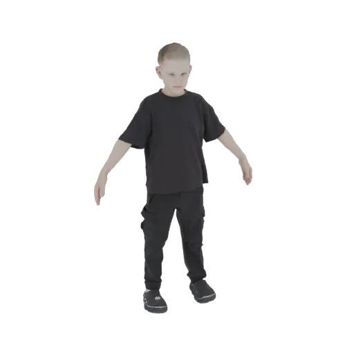 3D модель мальчика с короткими светлыми волосами, в черной футболке и черных штанах, стоящего с слегка отведенными руками.