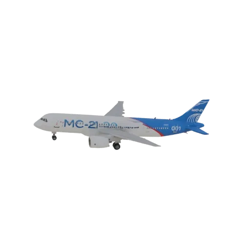 Вид сбоку 3D модели пассажирского самолета МС-21 в сине-белой ливрее.