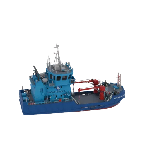 3D модель синего судна снабжения морских платформ с красно-оранжевым краном на палубе, вид под небольшим углом.