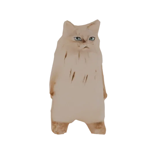 3D модель фигурки сердитого кота с недовольным выражением, стоящая на коротких лапах с голубыми глазами.