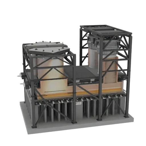 3D модель большой промышленной печи со сложной металлической опорной конструкцией, показывающая внутренние светящиеся элемент