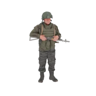 3D model of a modern soldier wearing a helmet and body armor, holding an assault rifle, against a white background.