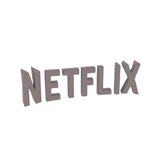 3D-рендер логотипа Netflix, изображенный в виде жирного выдающегося текста металлического серого цвета на белом фоне.