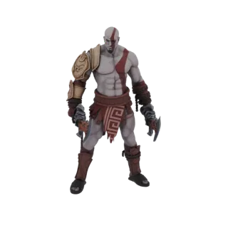 3D модель Кратоса из God of War, стоящего с парными клинками, в его фирменных красных метках и броне.