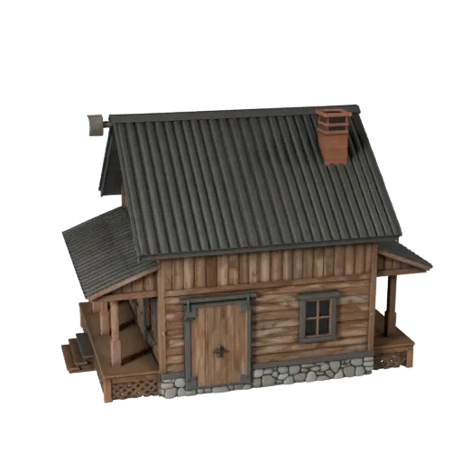 Низкополигональная 3D модель фермерского дома, готовая для игры, вид снаружи, показывающий материалы жилого здания и архитект