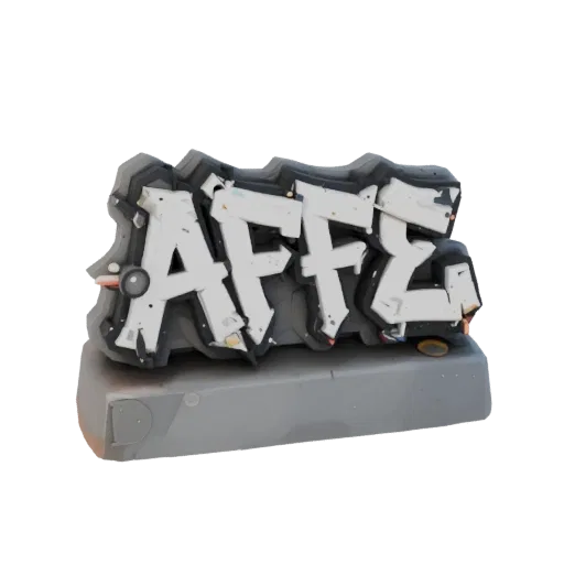 3D модель граффити надписи AFFE в белом цвете с черными контурами, установленная на серой подставке, на белом фоне