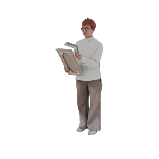 3D модель человека с рыжими волосами и очками, в кремовом свитере и коричневых брюках, держащего два художественных холста.