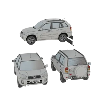 3D модель Toyota RAV4 2005-2007 показана спереди, спереди три четверти и сзади три четверти.