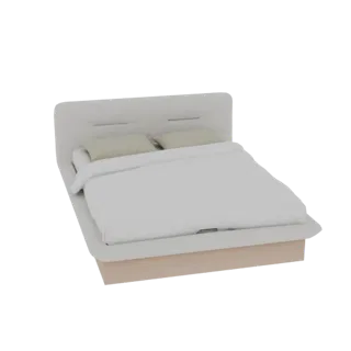 3D модель современной кровати-платформы со светлым мягким изголовьем и двумя бежевыми подушками на белом фоне.