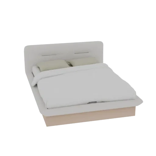 3D модель современной кровати-платформы со светлым мягким изголовьем и двумя бежевыми подушками на белом фоне.