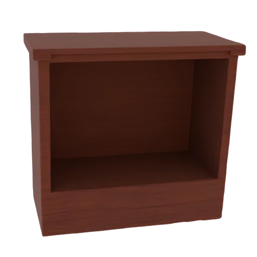 3D модель современной книжной полки из темного дерева с открытыми полками.