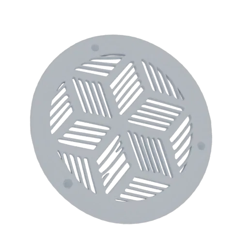 3D модель круглой вентиляционной решетки с повторяющимся шестиугольным геометрическим узором и монтажными отверстиями.