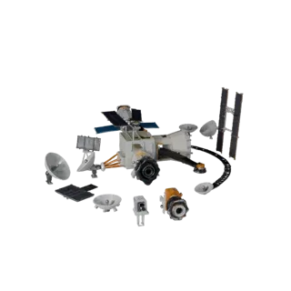 Низкополигональная 3D-модель орбитального телескопа для навигации, вид в игровом окне с трех четвертей, показывающий солнечны