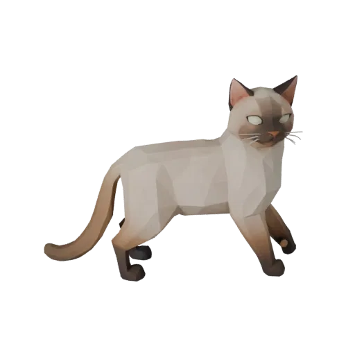 Низкополигональная 3D-модель бирманской кошки, вид сбоку в игровом ракурсе, низкополигональный ассет животного с кошачьей пла