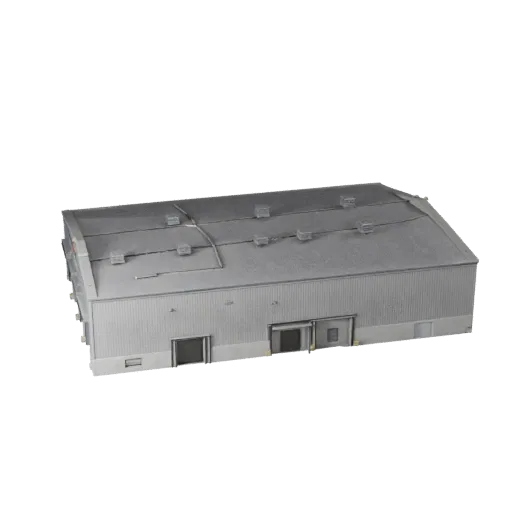 Реалистичная 3D модель склада верфи, вид с трех четвертей снаружи, показывающий промышленные строительные материалы и архитек