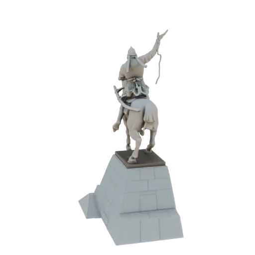 3D модель монгольского воина в доспехах, верхом на коне, с поднятой рукой, стоящего на каменном основании.