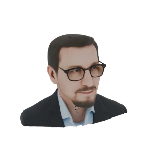 3D модель мужчины в темном костюме, голубой рубашке и очках в черной оправе, с короткими темными волосами и козлиной бородкой
