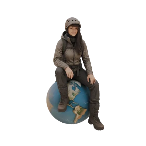 3D модель женщины-авантюриста в шлеме и куртке, сидящей на глобусе, видны Северная и Южная Америка.