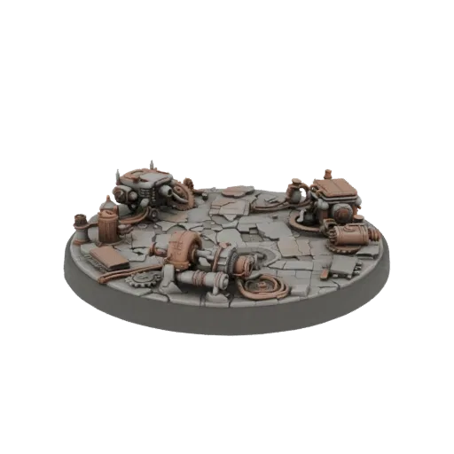 3D модель круглой стимпанк-основы для диорамы с трещинами, шестернями, трубами и механическим мусором.